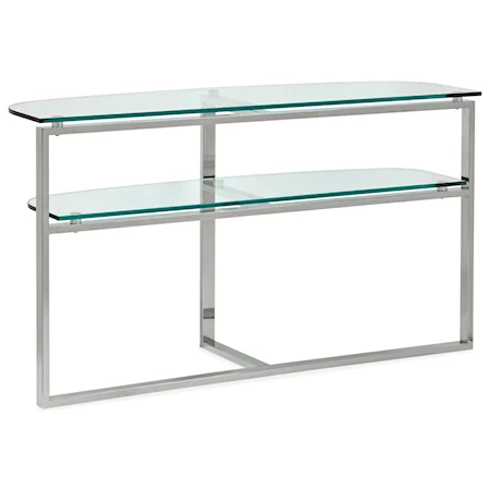 Contemporary Shaped Sofa Table with Open Shelf and Glass Top